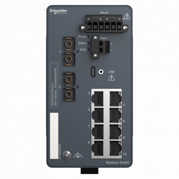 Modicon Extended switch non managé - 8 ports cuivre + 2 ports fibre optique MM - H142,8mmxXL73mmxP117,6mm - switchs en cascade : illimités - connexion intégrée : RJ45 blindée, duplex SC fibre optique - IP30 - visuel 1