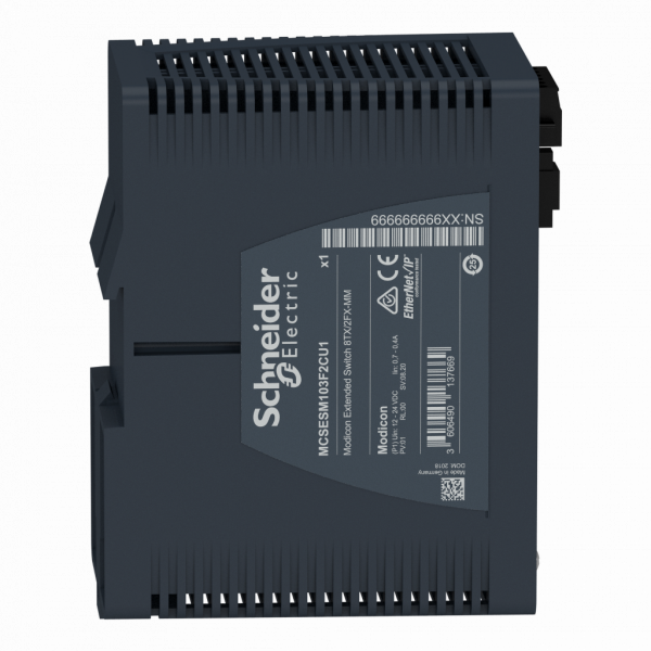Modicon Extended switch non managé - 8 ports cuivre + 2 ports fibre optique MM - H142,8mmxXL73mmxP117,6mm - switchs en cascade : illimités - connexion intégrée : RJ45 blindée, duplex SC fibre optique - IP30 - visuel 3