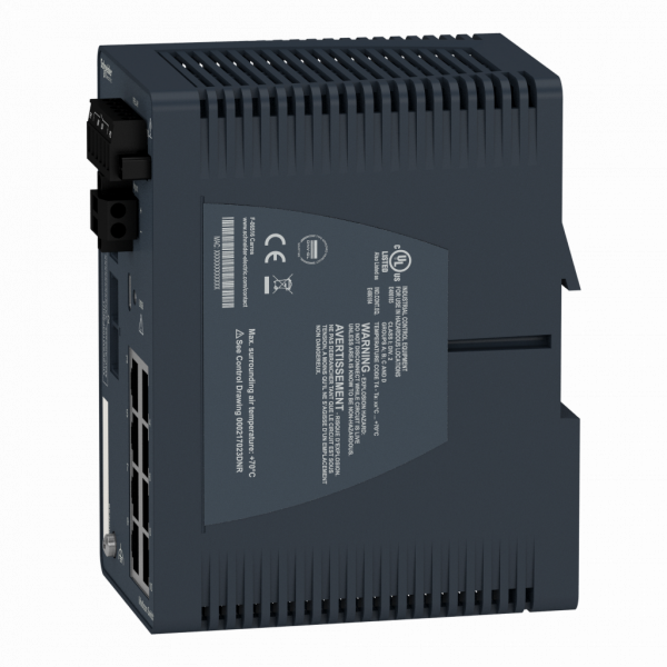 Modicon Extended switch non managé - 8 ports cuivre + 2 ports fibre optique MM - H142,8mmxXL73mmxP117,6mm - switchs en cascade : illimités - connexion intégrée : RJ45 blindée, duplex SC fibre optique - IP30 - visuel 4