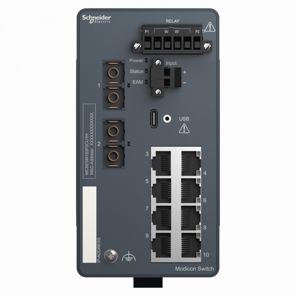 ConneXium - Ethernet - Modicon Extended switch managé - 8 ports cuivre + 2 ports fibre optique MM - pour environnements sévères - H142,8mmxXL73mmxP117,6mm - connexion intégrée : RJ45 blindée, duplex SC fibre optique - IP30 - visuel 1
