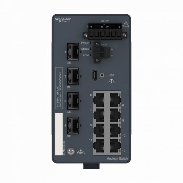 ConneXium - Ethernet - Modicon switch administré - managé - 8 ports cuivre et 4 ports cuivre/fibre via SFP - H142,8mmxL73mmxP117,6mm - switchs cascade : illimités - connex. intégrée : RJ45 blindée, Port SFP fibre optique (Gigab.) - IP30 - visuel 1