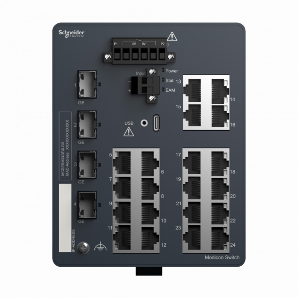 ConneXium - Ethernet - Modicon Switch managé - 20TX/4GE-SFP - 20 ports câble cuivre, 4 ports fibre optique - H142,8mmxL108,8mmxP117,6mm - switchs cascade : illimités - connex. intégrée : RJ45 blindée, Port SFP fibre optique (Gigab.) - IP30 - visuel 1