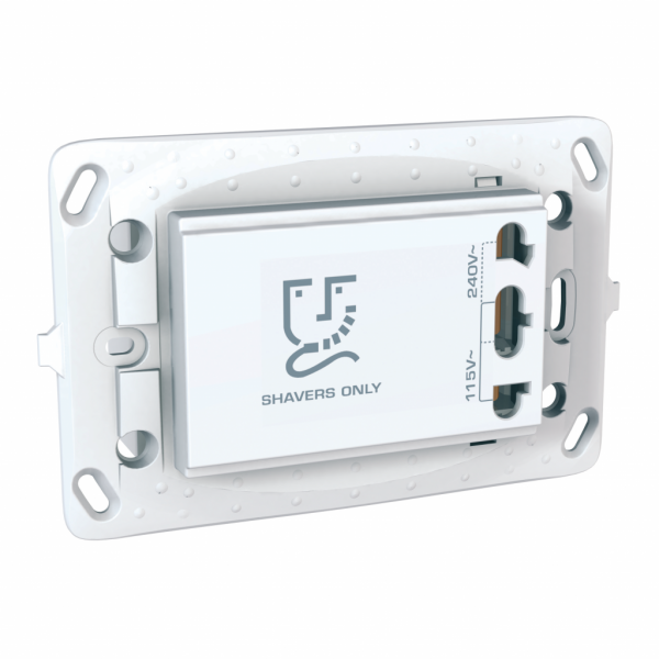 MGU5.064.18. Unica - prise rasoir livrée avec support de fixation zamac - 3 modules - blanc - clipsable - IP20 - profondeur : 52mm - profondeur d'encastrement : 40mm - raccordement : bornes à vis - visuel 1