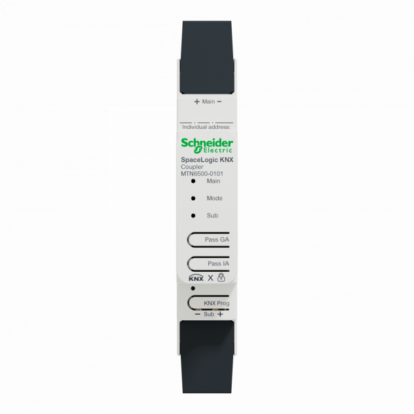 MTN6500-0101. SpaceLogic KNX - coupleur secure - rail Din - 1 module de 18mm - courant d'entrée : 5 mA, 3 mA - protocole de communication : KNX, KNX long frame, KNX data security - 2 boutons poussoirs - IP20 - visuel 1