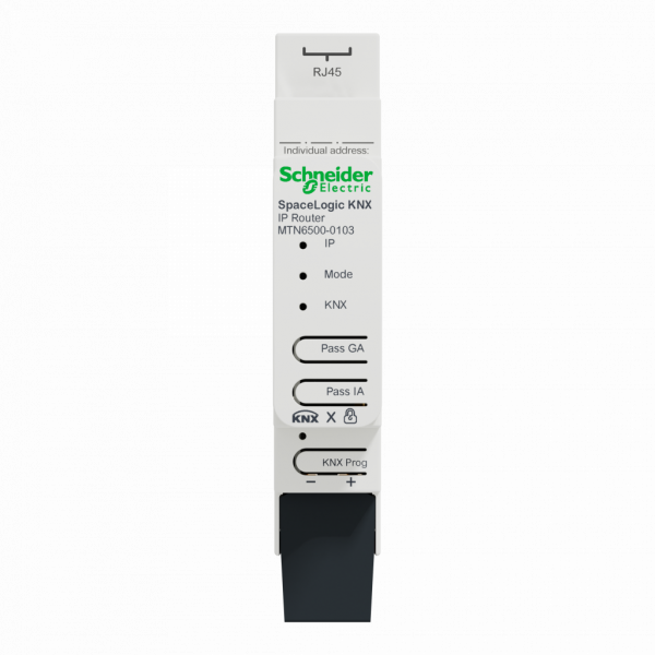 MTN6500-0103. SpaceLogic KNX - IP routeur secure - rail Din - 1 module de 18mm - protocole de communication : 	Ethernet TCP/IP, KNX, UDP/IP, KNX IP security, KNX data security, KNX long frame, ARP, ICMP, IGMP V2- 2 boutons poussoirs - IP20 - visuel 1