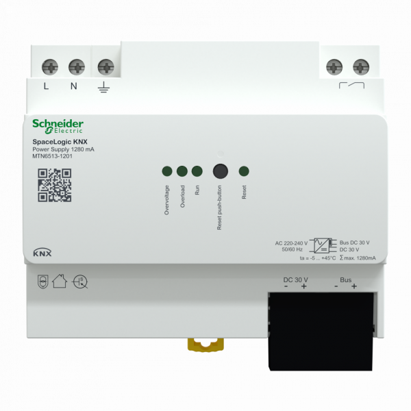 MTN6513-1201. SpaceLogic KNX - alimentation - 1280mA - avec alim aux et contact de diagnostic - H90mmxL108mmxP65mm - typologie : TP256 - blanc - 6 modules de 18mm - visuel 1