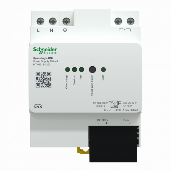 MTN6513-1203. SpaceLogic KNX - alimentation - 320mA - avec alim aux et contact de diagnostic - H90mmxL72mmxP65mm - typologie : TP256 - blanc - 4 modules de 18mm - visuel 1
