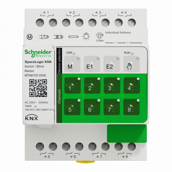 MTN6705-0008. KNX - SpaceLogic KNX - commutation volet/store - 8 sorties 10AX/16AC1 - master - tension assignée d'emploi : 250 V CA 50/60 Hz - IP20 - visuel 1