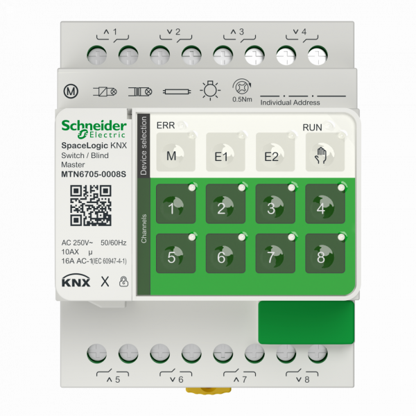 MTN6705-0008S. SpaceLogic KNX - commutation volet/store - 8 sorties 10AX/16AC1 - master - Secure - tension assignée d'emploi : 250 V CA 50/60 Hz - IP20 - visuel 1