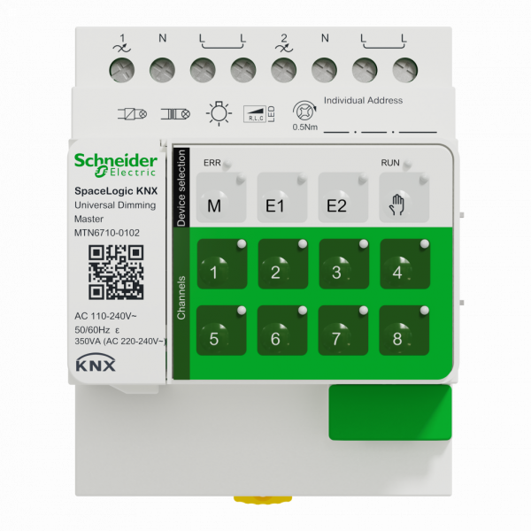 MTN6710-0102. SpaceLogic KNX - variation - 2 sorties universelles - master - actionneur de réglage de l'intensité - tension assignée : 230V - fréquence du réseau : 50/60 Hz - IP20 - visuel 1