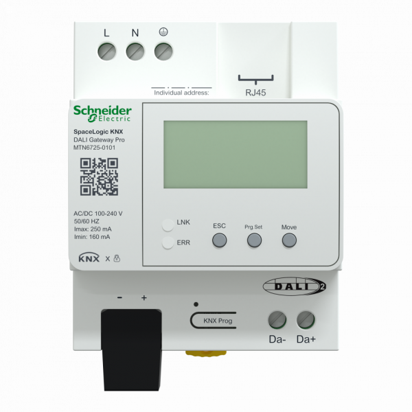 MTN6725-0101. KNX - SpaceLogic KNX - DALI Pro - 1 sorties 64 ballasts DALI 2.0 - actionneur DALI KNX - tension assignée de service : 100…240 V - services Web : 	serveur HTTP - IP20 - visuel 1