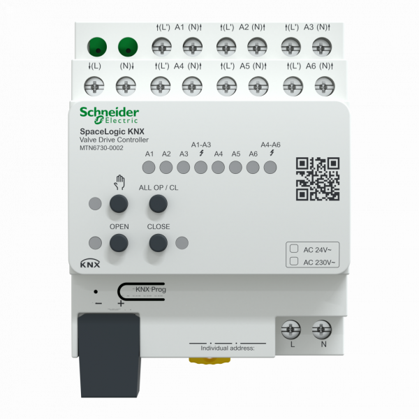 MTN6730-0002. SpaceLogic KNX - chauffage et refroidissement - 6 sorties servomoteurs 230/24v - rail DIN - 4 modules de 18mm - IP20 - sortie nominale : 0,05…0,16 A - 6 pour activation/désactivation de la sortie (chauffage) - visuel 1