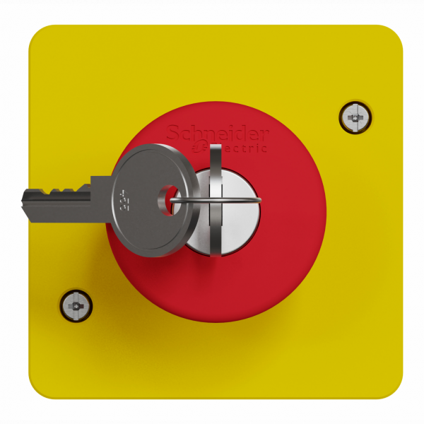 Mureva Styl - arrêt d'urgence à clé - composable IP55 - IK08 - jaune - H71mmxL71mmxP80mm - bouton-poussoir : rouge, plaque de finition : jaune - électromécanique - courant : 3A - tension assignée : 240V CA - visuel 2