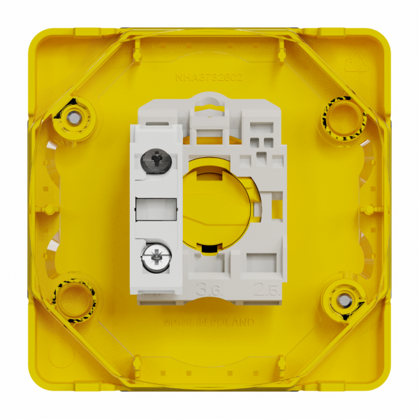 Mureva Styl - arrêt d'urgence à clé - composable IP55 - IK08 - jaune - H71mmxL71mmxP80mm - bouton-poussoir : rouge, plaque de finition : jaune - électromécanique - courant : 3A - tension assignée : 240V CA - visuel 3