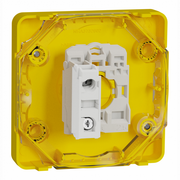 Mureva Styl - arrêt d'urgence à clé - composable IP55 - IK08 - jaune - H71mmxL71mmxP80mm - bouton-poussoir : rouge, plaque de finition : jaune - électromécanique - courant : 3A - tension assignée : 240V CA - visuel 4