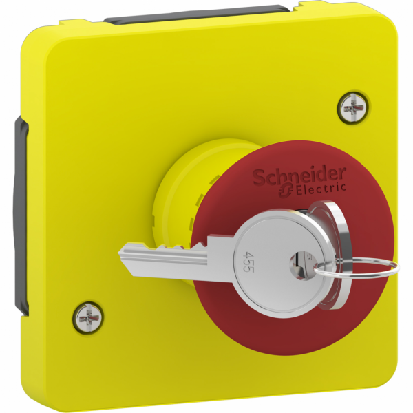 Mureva Styl - arrêt d'urgence à clé - composable IP55 - IK08 - jaune - H71mmxL71mmxP80mm - bouton-poussoir : rouge, plaque de finition : jaune - électromécanique - courant : 3A - tension assignée : 240V CA - visuel 1