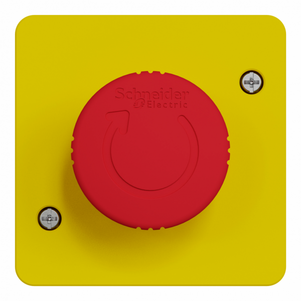 Mureva Styl - arrêt d'urgence 1/4 tour - composable IP55 - IK08 - jaune - H71mmxL71mmxP80mm - bouton-poussoir : rouge, plaque de finition : jaune - électromécanique - courant : 3A - tension assignée : 240V CA - visuel 2