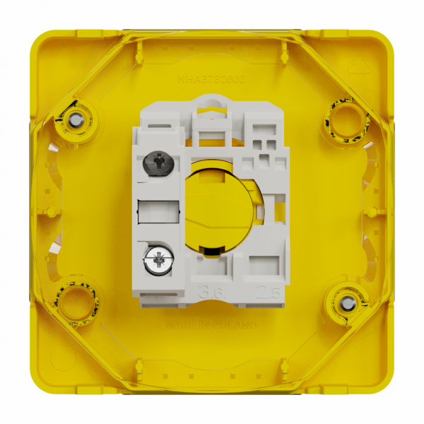 Mureva Styl - arrêt d'urgence 1/4 tour - composable IP55 - IK08 - jaune - H71mmxL71mmxP80mm - bouton-poussoir : rouge, plaque de finition : jaune - électromécanique - courant : 3A - tension assignée : 240V CA - visuel 3