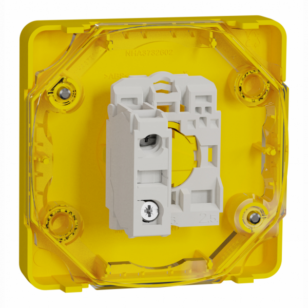 Mureva Styl - arrêt d'urgence 1/4 tour - composable IP55 - IK08 - jaune - H71mmxL71mmxP80mm - bouton-poussoir : rouge, plaque de finition : jaune - électromécanique - courant : 3A - tension assignée : 240V CA - visuel 4