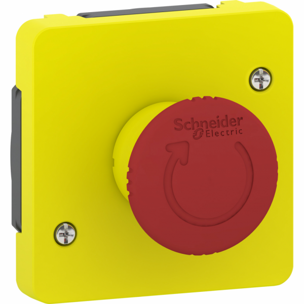 Mureva Styl - arrêt d'urgence 1/4 tour - composable IP55 - IK08 - jaune - H71mmxL71mmxP80mm - bouton-poussoir : rouge, plaque de finition : jaune - électromécanique - courant : 3A - tension assignée : 240V CA - visuel 1