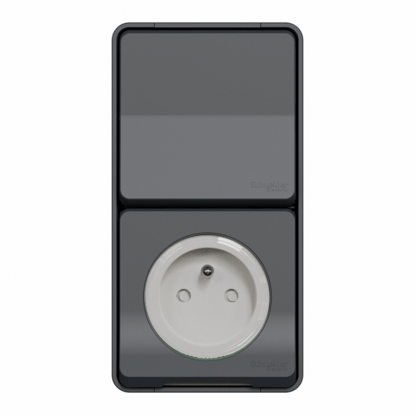 Mureva Styl - prise courant 2P+T+va et vient vertical - saillie - IP55 IK08 - gris (RAL 7016) - H147mmxL76mmxP64mm - tension assignée de service : 250V - matière : plastique, laiton - visuel 2