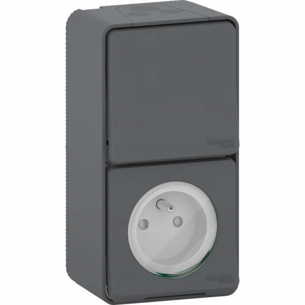 Mureva Styl - prise courant 2P+T+va et vient vertical - saillie - IP55 IK08 - gris (RAL 7016) - H147mmxL76mmxP64mm - tension assignée de service : 250V - matière : plastique, laiton - visuel 1