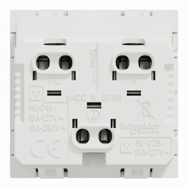 Unica - prise standard US - 15A - 2P+T - 2 modules - blanc (RAL 9003) - méca seul - montage encastré - H45mmxL22,5mmxP33,5mm - IP21D - avec volet - réseau : CA - clipsable - visuel 3