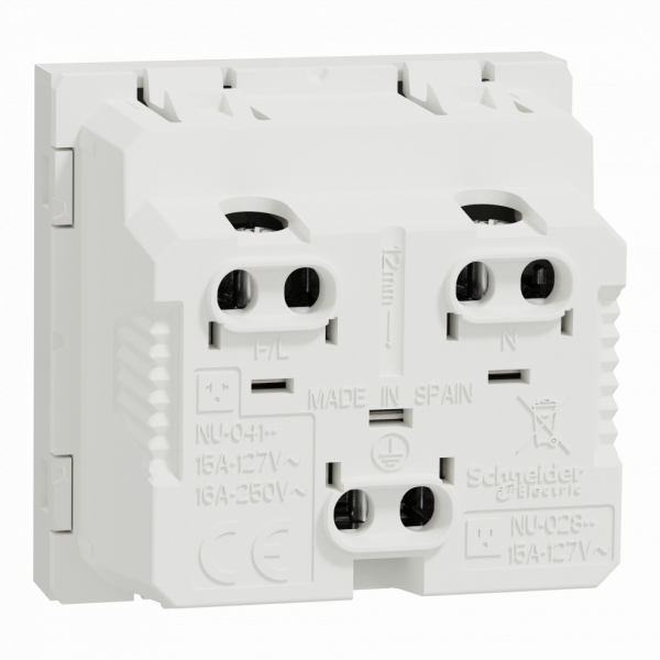 Unica - prise standard US - 15A - 2P+T - 2 modules - blanc (RAL 9003) - méca seul - montage encastré - H45mmxL22,5mmxP33,5mm - IP21D - avec volet - réseau : CA - clipsable - visuel 2
