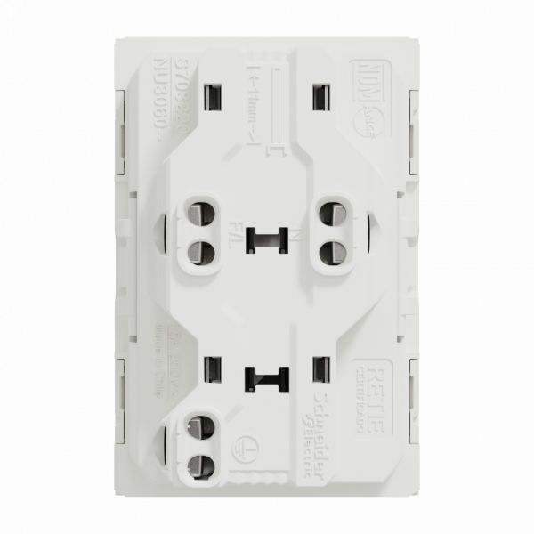 Unica - prise double standard US - 15A - 2P+T - 3 modules - blanc (RAL 9003) - méca seul - montage encastré - H45mmxL22,5mmxP33,5mm - IP20 - avec volet - réseau : CA - clipsable - visuel 3