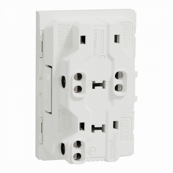 Unica - prise double standard US - 15A - 2P+T - 3 modules - blanc (RAL 9003) - méca seul - montage encastré - H45mmxL22,5mmxP33,5mm - IP20 - avec volet - réseau : CA - clipsable - visuel 2