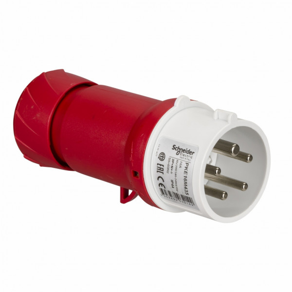 Mureva - fiche industrielle - basse tension - droit - 16A - 3P+N+T - 380...415 V - 50/60 Hz - IEC 60309-1 et 2 - vis imperdables - Diam. câbles : 8 à 15mm - IP44 - IK08 - 850°C - gris ( RAL 7035 ) - rouge - visuel 3