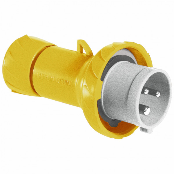 PratiKa - fiche industrielle - basse tension - droit - 16A - 2P+T - 100...130 V - 50/60 Hz - IEC 60309-1 et 2 - vis imperdables - Diam. câbles : 8 à 15mm - IP67 - IK08 - 850°C - gris ( RAL 7035 ) - jaune - visuel 1