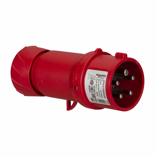 Mureva - fiche industrielle - basse tension - droit - 16A - 3P+N+T - 380...415 V - 50/60 Hz - IEC 60309-1 et 2 - connexion rapide - Diam. câbles : 8 à 15mm - IP44 - IK08 - 850°C - gris ( RAL 7035 ) - rouge - visuel 2
