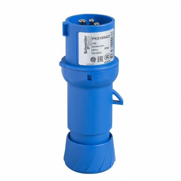Mureva - fiche industrielle - basse tension - droit - 16A - 2P+T - 200...250 V - 50/60 Hz - IEC 60309-1 et 2 - connexion rapide - Diam. câbles : 8 à 15mm - IP44 - IK08 - 850°C - gris ( RAL 7035 ) - bleu - visuel 2