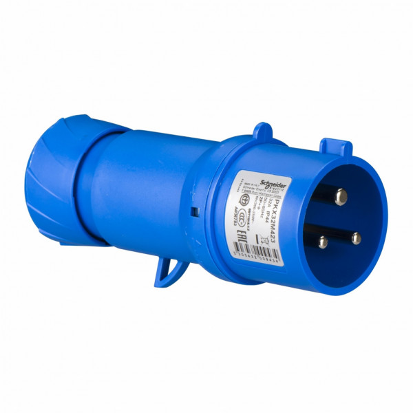Mureva - fiche industrielle - basse tension - droit - 32A - 2P+T - 200...250 V - 50/60 Hz - IEC 60309-1 et 2 - connexion rapide - Diam. câbles : 11.5 à 21mm - IP44 - IK08 - 850°C - gris ( RAL 7035 ) - bleu - visuel 4