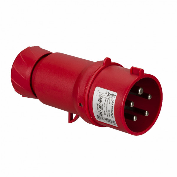 Mureva - fiche industrielle - basse tension - droit - 32A - 3P+N+T - 380...415 V - 50/60 Hz - IEC 60309-1 et 2 - connexion rapide - Diam. câbles : 11.5 à 21mm - IP44 - IK08 - 850°C - gris ( RAL 7035 ) - rouge - visuel 2