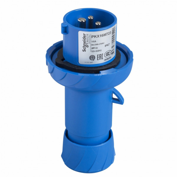 Mureva - fiche industrielle - basse tension - droit - 16A - 2P+T - 200...250 V - 50/60 Hz - IEC 60309-1 et 2 - connexion rapide - Diam. câbles : 8 à 15mm - IP67 - IK08 - 850°C - gris ( RAL 7035 ) - bleu - visuel 1