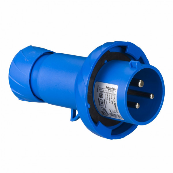 Mureva - fiche industrielle - basse tension - droit - 32A - 2P+T - 200...250 V - 50/60 Hz - IEC 60309-1 et 2 - connexion rapide - Diam. câbles : 11.5 à 21mm - IP67 - IK08 - 850°C - gris ( RAL 7035 ) - bleu - visuel 3
