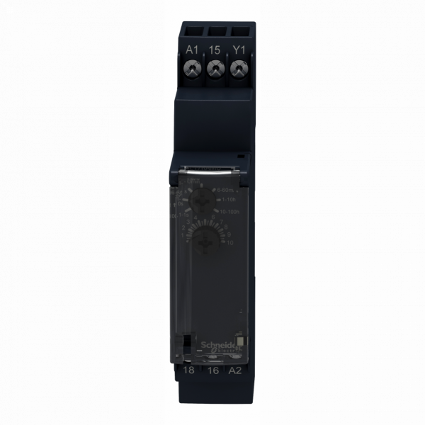 Harmony Time RE17 - relais tempo bifonction - 1OF - 24Vcc 24 à 240Vca - largeur : 17,5mm - H90mmxP72mm - IP20 (bornier), IP40 (boitier), IP50 (face avant) - courant de sortie nominal : 8A - temporisation : intervalle - visuel 1