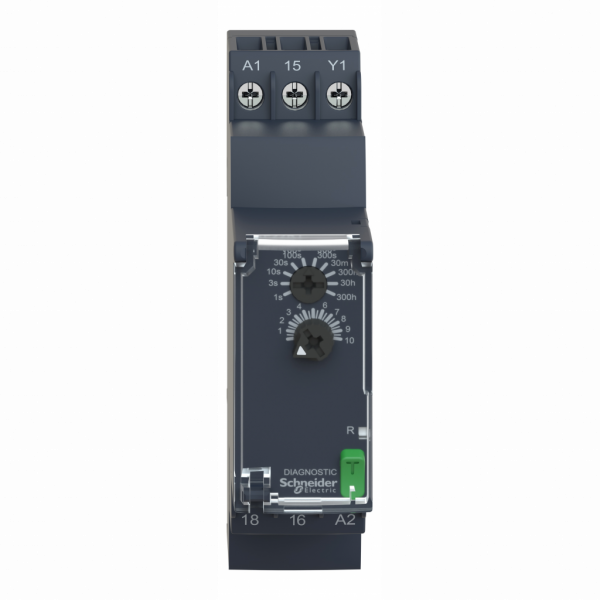 Harmony Time RE22 - relais temporisation - 1OF - D Dw - 1s à 300h - 24V à 240VACDC - largeur : 22,5mm - IP20 (bornier), IP40 (boitier), IP50 (face avant) - courant de sortie nominal : 8A - clignotement asymétrique - visuel 1