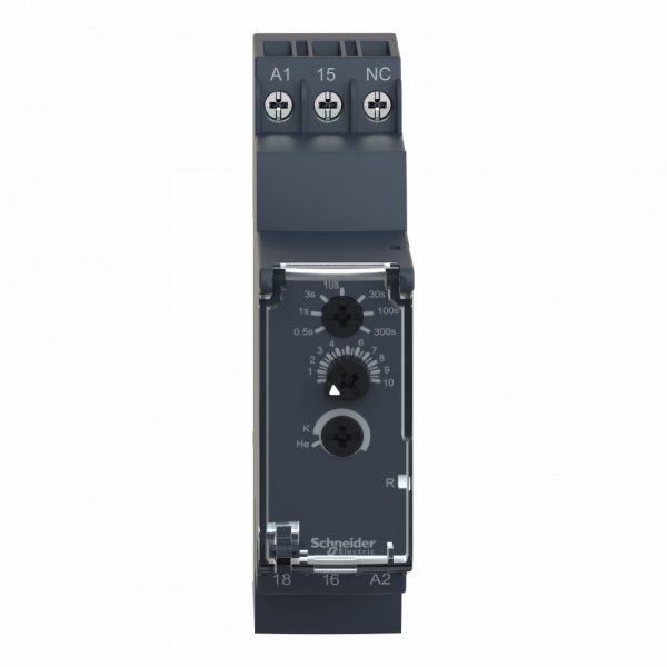 Harmony Time RE22 - relais tempo - 1OF - K He - 0,5s à 300s - 24V à 240VACDC - largeur : 22,5mm - IP20 (bornier), IP40 (boitier), IP50 (face avant) - courant de sortie nominal : 5A - mise hors tension par impulsion, retard mise hors tension - visuel 1