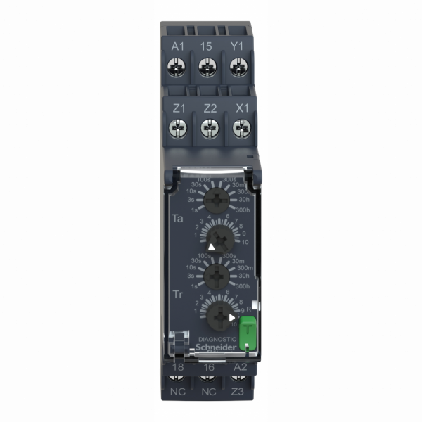 Harmony Time RE22 - relais tempo multifonctions - 1OF - 24 à 240Vca/cc - largeur : 22,5mm - IP20 (bornier), IP40 (boitier), IP50 (face avant) - courant de sortie nominal : 8A - visuel 1
