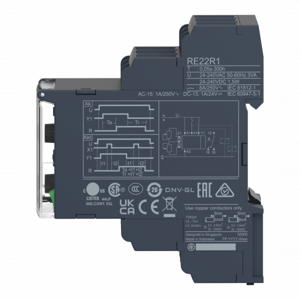 Harmony Time RE22 - relais tempo multifonctions - 1OF - 24 à 240Vca/cc - largeur : 22,5mm - IP20 (bornier), IP40 (boitier), IP50 (face avant) - courant de sortie nominal : 8A - visuel 4