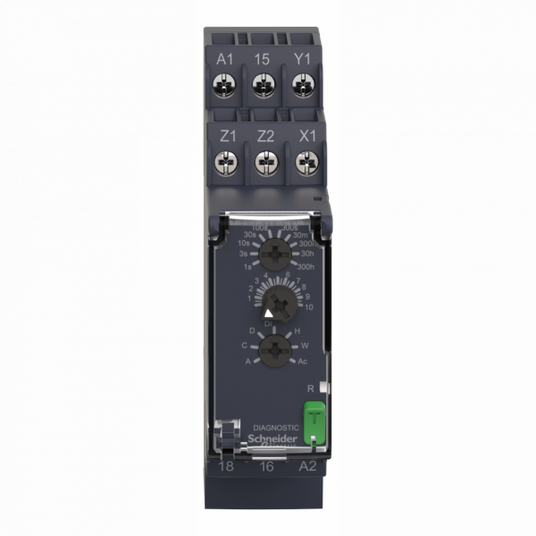 Harmony Time RE22 - relais tempo multifonctions - 1OF - 24 à 240Vca/cc - largeur : 22,5mm - IP20 (bornier), IP40 (boitier), IP50 (face avant) - courant de sortie nominal : 8A - 1 F/O contact temporisé, sans cadmium - visuel 1