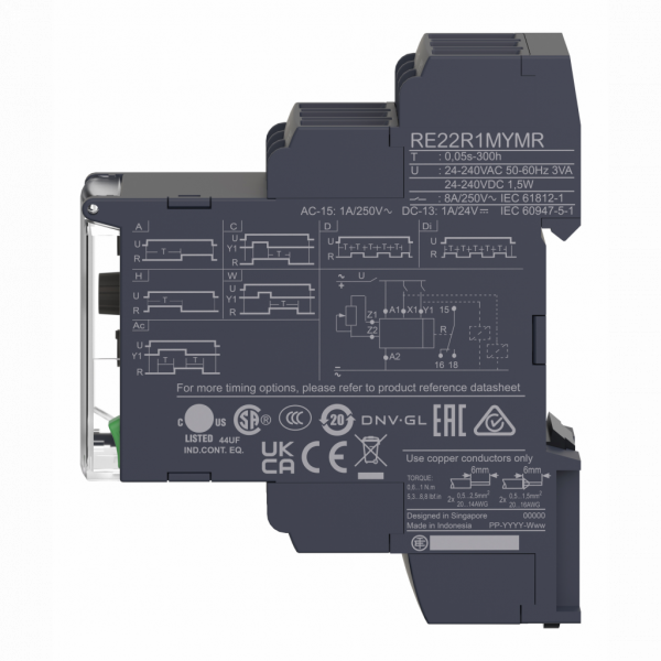 Harmony Time RE22 - relais tempo multifonctions - 1OF - 24 à 240Vca/cc - largeur : 22,5mm - IP20 (bornier), IP40 (boitier), IP50 (face avant) - courant de sortie nominal : 8A - 1 F/O contact temporisé, sans cadmium - visuel 4