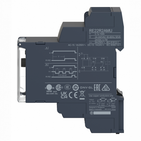 Harmony Time RE22 - relais tempo travail - 1OF - 24 à 240Vca/cc - largeur : 22,5mm- IP20 (bornier), IP40 (boitier), IP50 (face avant) - courant de sortie nominal : 8A - visuel 4
