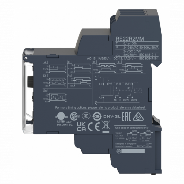 Harmony Time RE22 - relais tempo multifonctions - 2OF - 24Vcc/24…240Vca - largeur : 22,5mm - IP20 (bornier), IP40 (boitier), IP50 (face avant) - courant de sortie nominal : 8A - visuel 4