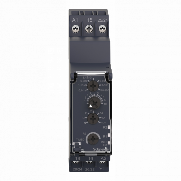 Harmony Time RE22 - Multifonctions - 2OF - 24Vcc/24…240Vca - largeur : 22,5mm - IP20 (bornier), IP40 (boitier), IP50 (face avant) - courant de sortie nominal : 8A - délai d'impulsion, sauvegarde, bistable, intervalle - visuel 1