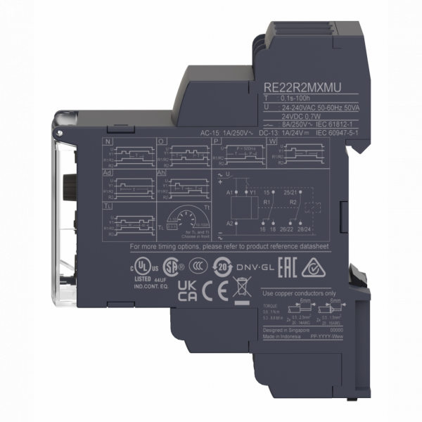 Harmony Time RE22 - Multifonctions - 2OF - 24Vcc/24…240Vca - largeur : 22,5mm - IP20 (bornier), IP40 (boitier), IP50 (face avant) - courant de sortie nominal : 8A - délai d'impulsion, sauvegarde, bistable, intervalle - visuel 4