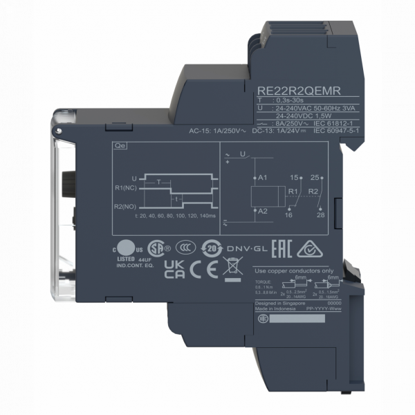 Harmony Time RE22 - relais temporisation - 2OF - Qe - 30s - 24V à 240VACDC - largeur : 22,5mm - IP20 (bornier), IP40 (boitier), IP50 (face avant) - courant de sortie nominal : 8A - temporisation : étoile, triangle - visuel 4